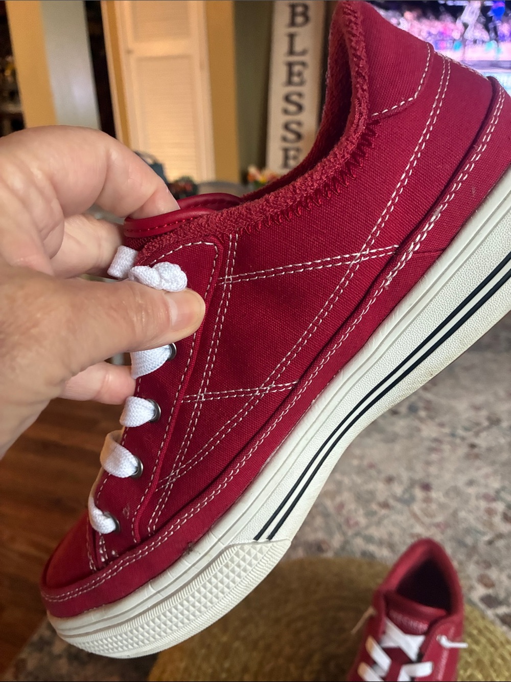 Skechers Womens, Air Cooled, Arch Fit, Red CanvasSneakers with White Laces - Picture 5 of 6